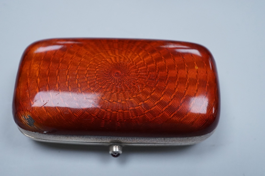 A continental 935 standard white metal oval box, with inset frosted glass and marcasite set hinged cover, 82mm, together with three assorted small pill boxes, including enamelled(a.f.), an Italian 800 standard and a mode